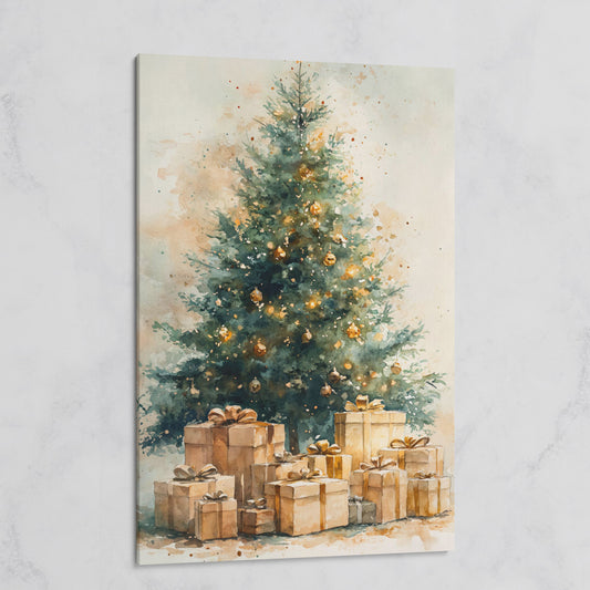 Christmas Tree Canvas in Teal and Gold Watercolor on gallery wrap