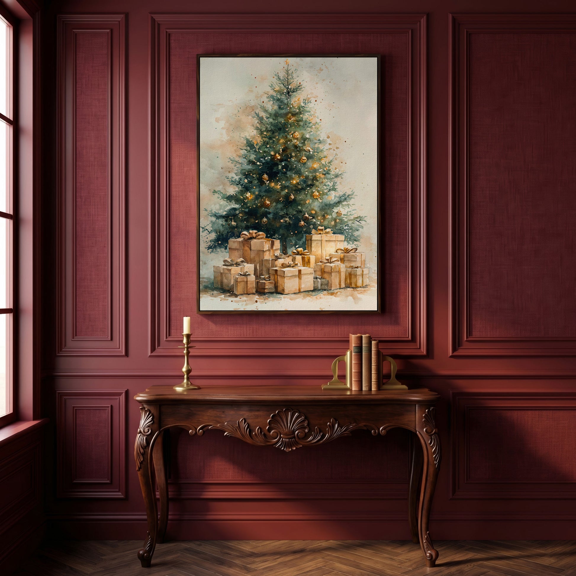 Christmas Tree Canvas in Teal and Gold Watercolor in dark walnut floating frame
