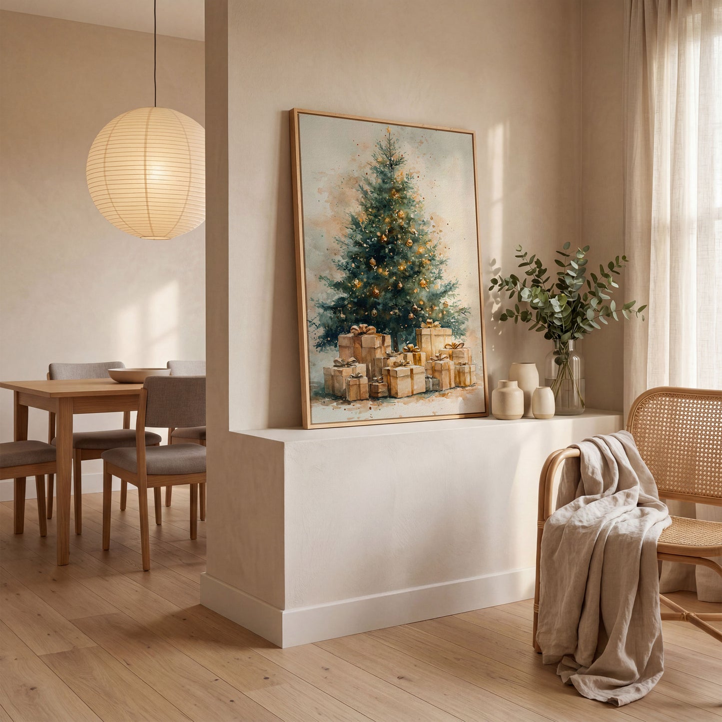 Christmas Tree Canvas in Teal and Gold Watercolor in white oak floating frame