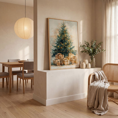 Christmas Tree Canvas in Teal and Gold Watercolor in white oak floating frame