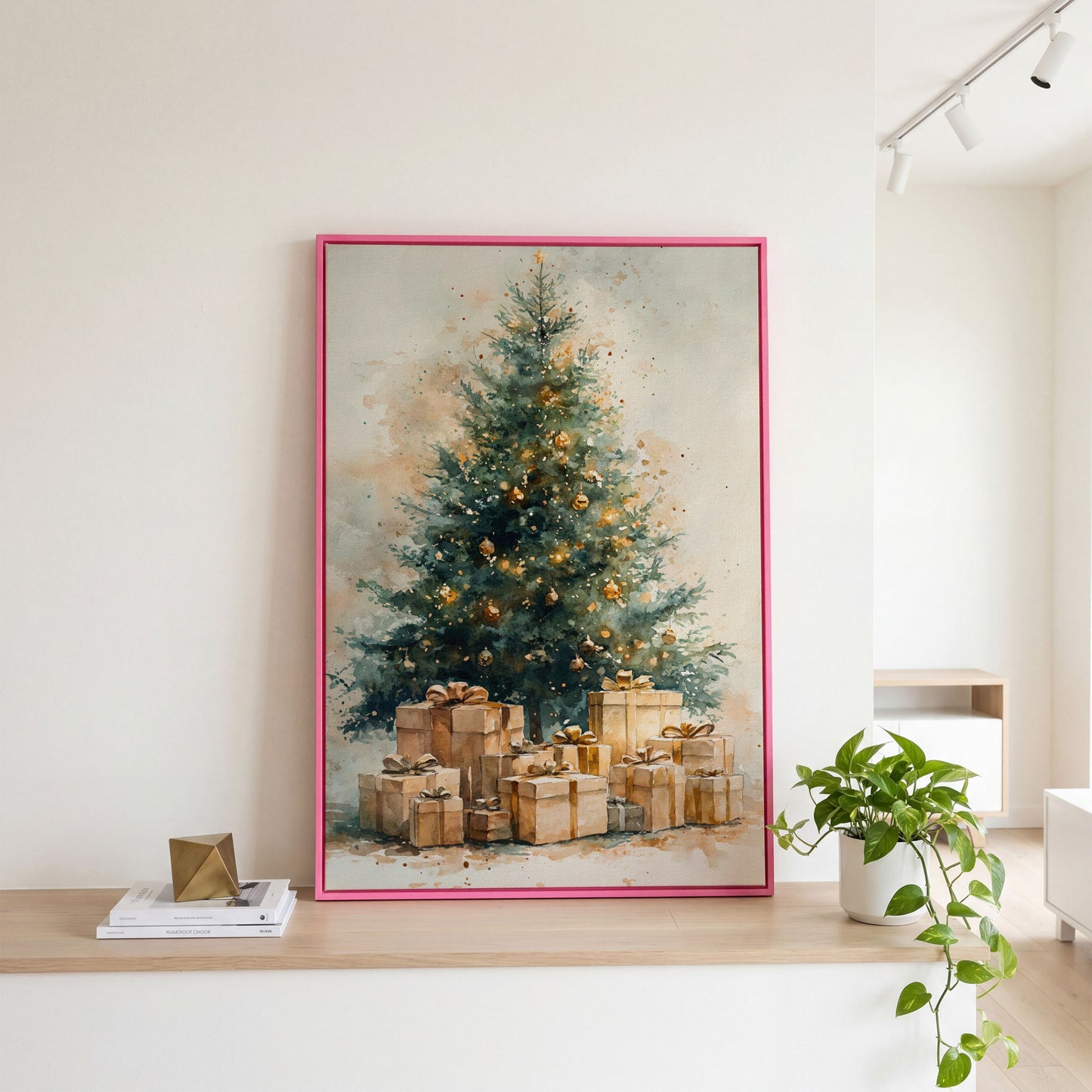 Christmas Tree Canvas in Teal and Gold Watercolor in pink floating frame