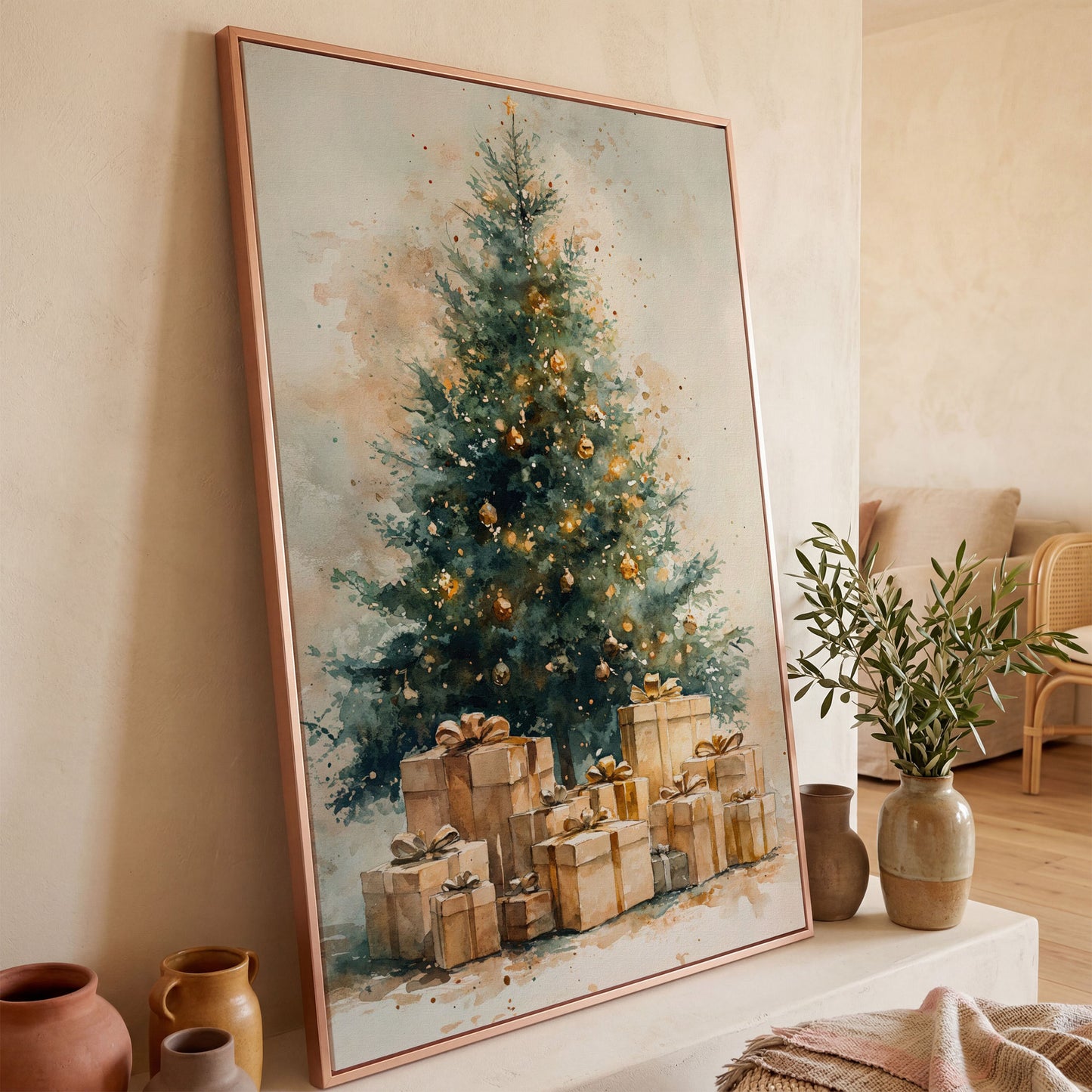 Christmas Tree Canvas in Teal and Gold Watercolor in rose gold floating frame