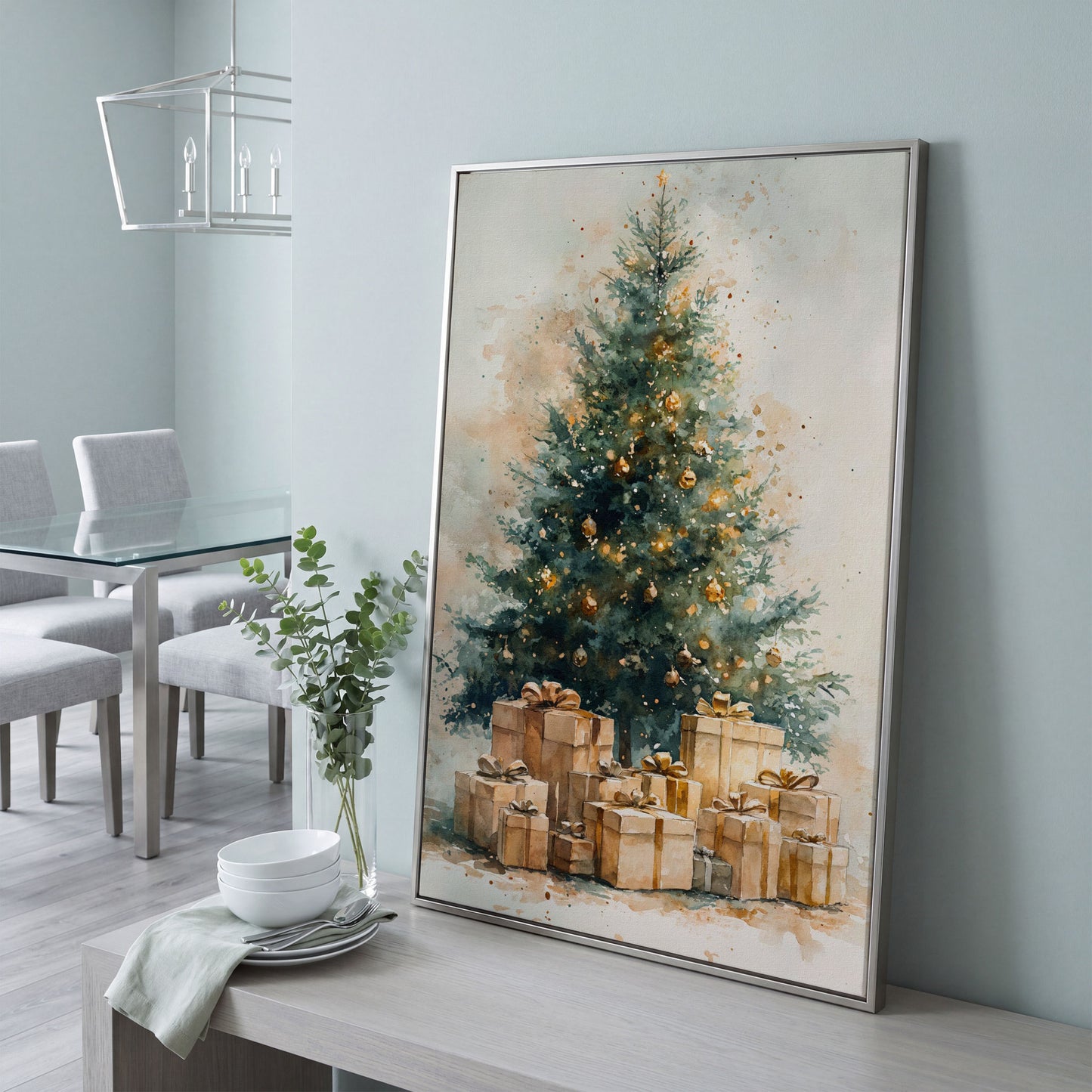 Christmas Tree Canvas in Teal and Gold Watercolor in silver floating frame