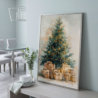 Christmas Tree Canvas in Teal and Gold Watercolor in silver floating frame