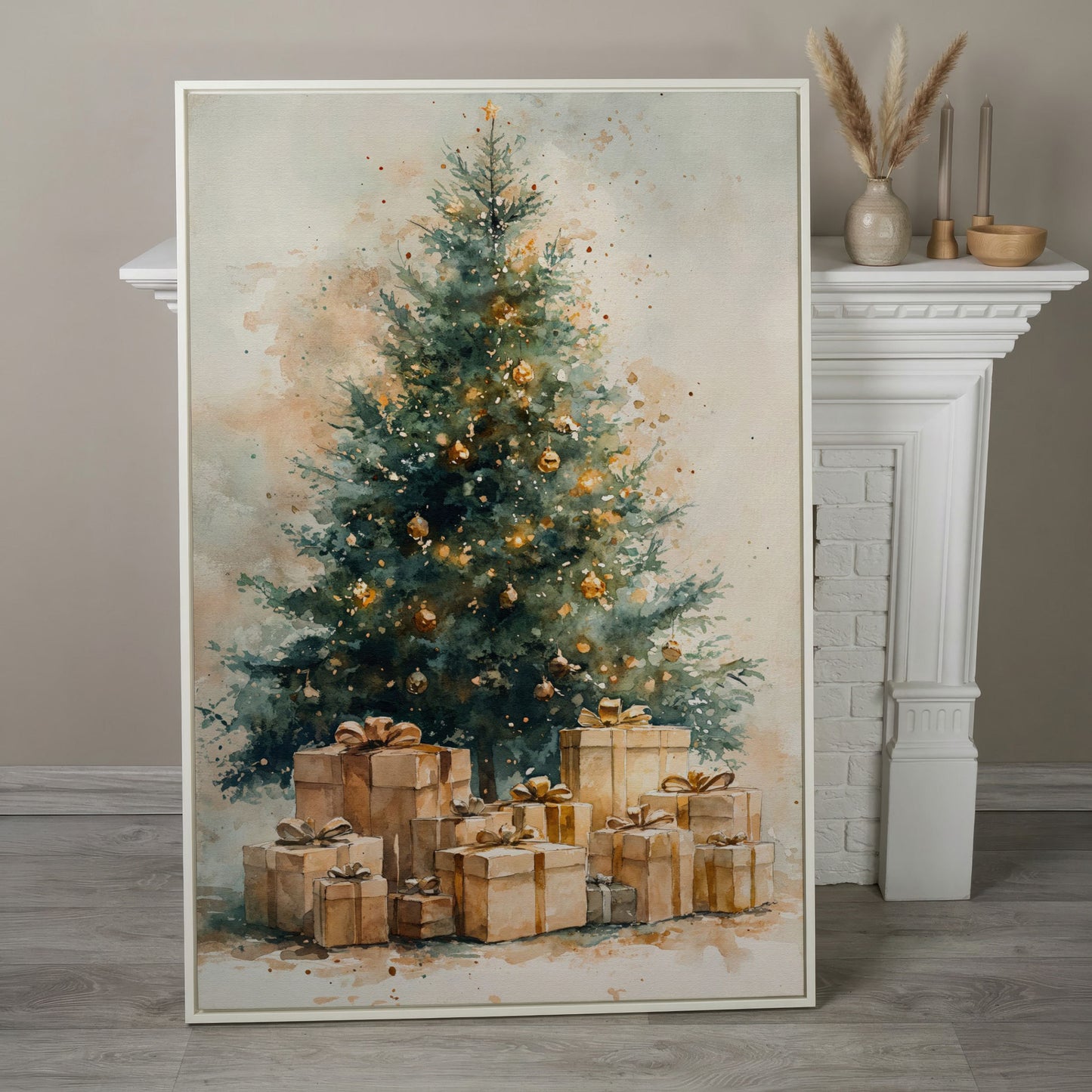 Christmas Tree Canvas in Teal and Gold Watercolor in white floating frame