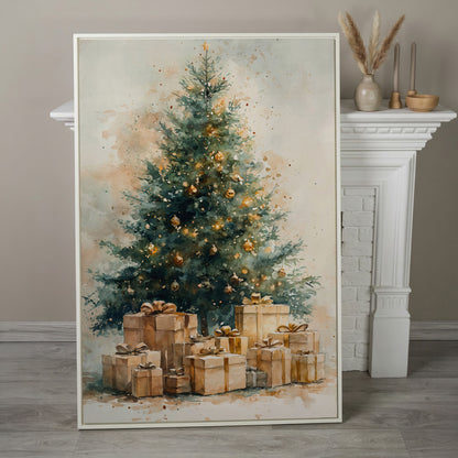 Christmas Tree Canvas in Teal and Gold Watercolor in white floating frame