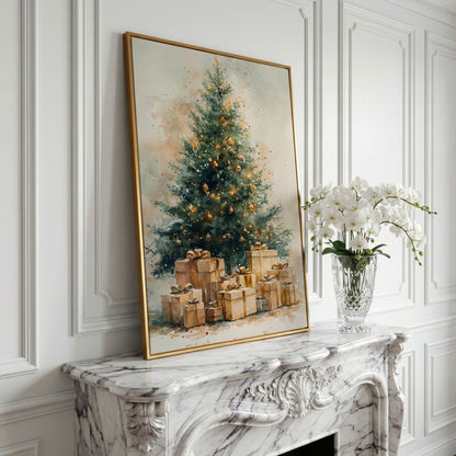 Christmas Tree Canvas in Teal and Gold Watercolor in yellow gold floating frame