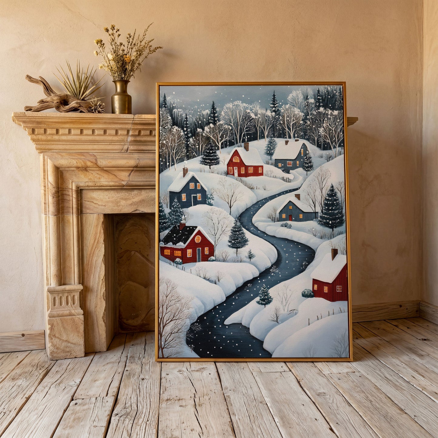 Cozy Winter Village Scene Canvas Print in antique gold floating frame