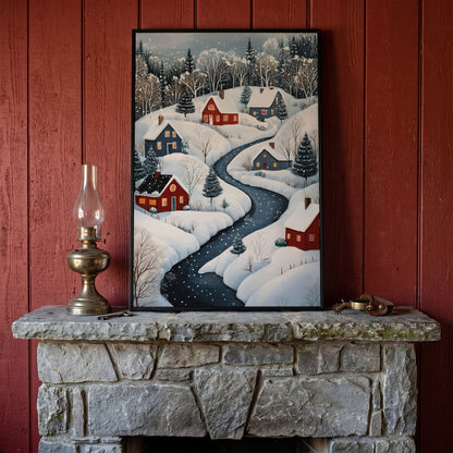 Cozy Winter Village Scene Canvas Print in black floating frame