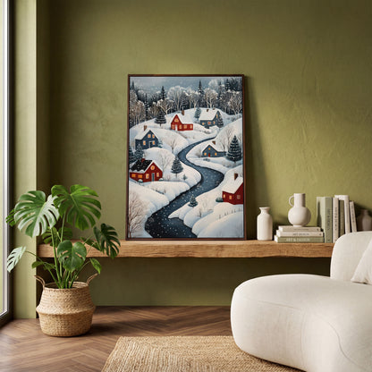 Cozy Winter Village Scene Canvas Print in dark walnut floating frame