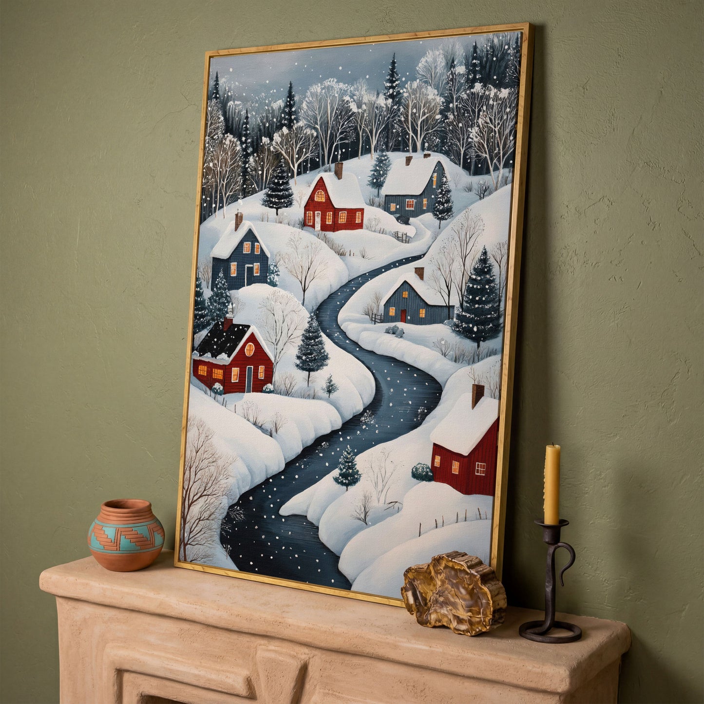 Cozy Winter Village Scene Canvas Print in white oak floating frame