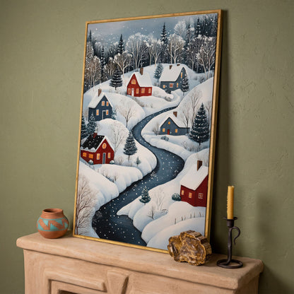 Cozy Winter Village Scene Canvas Print in white oak floating frame