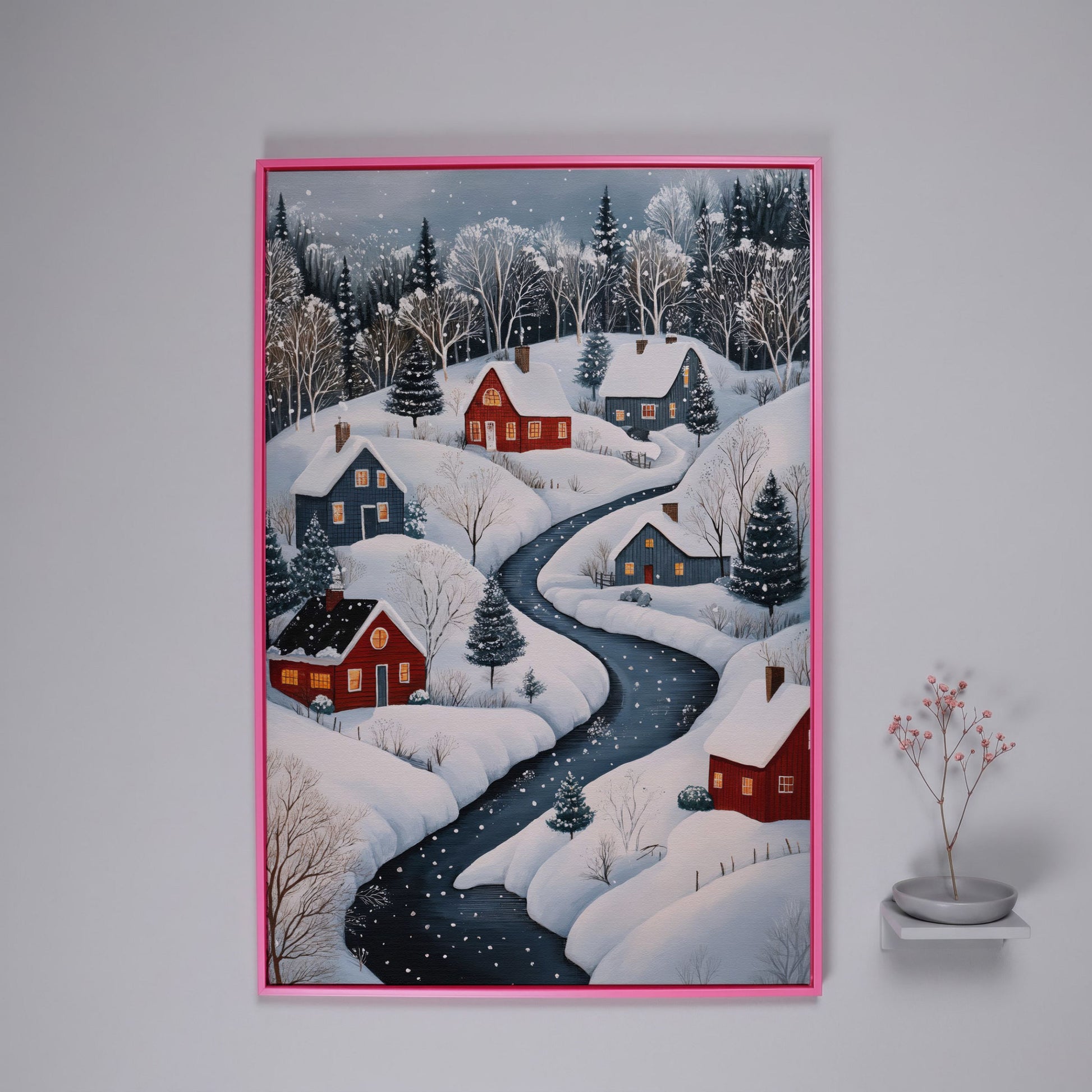 Cozy Winter Village Scene Canvas Print in pink floating frame