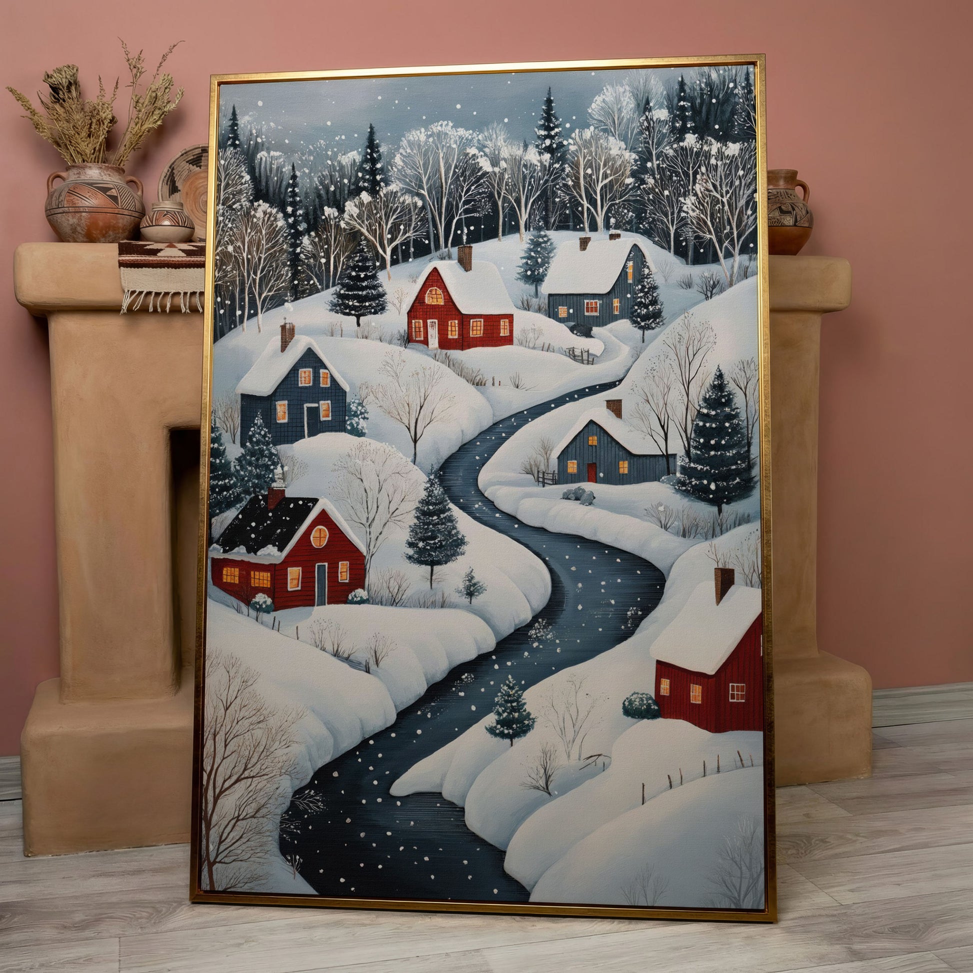 Cozy Winter Village Scene Canvas Print in rose gold floating frame