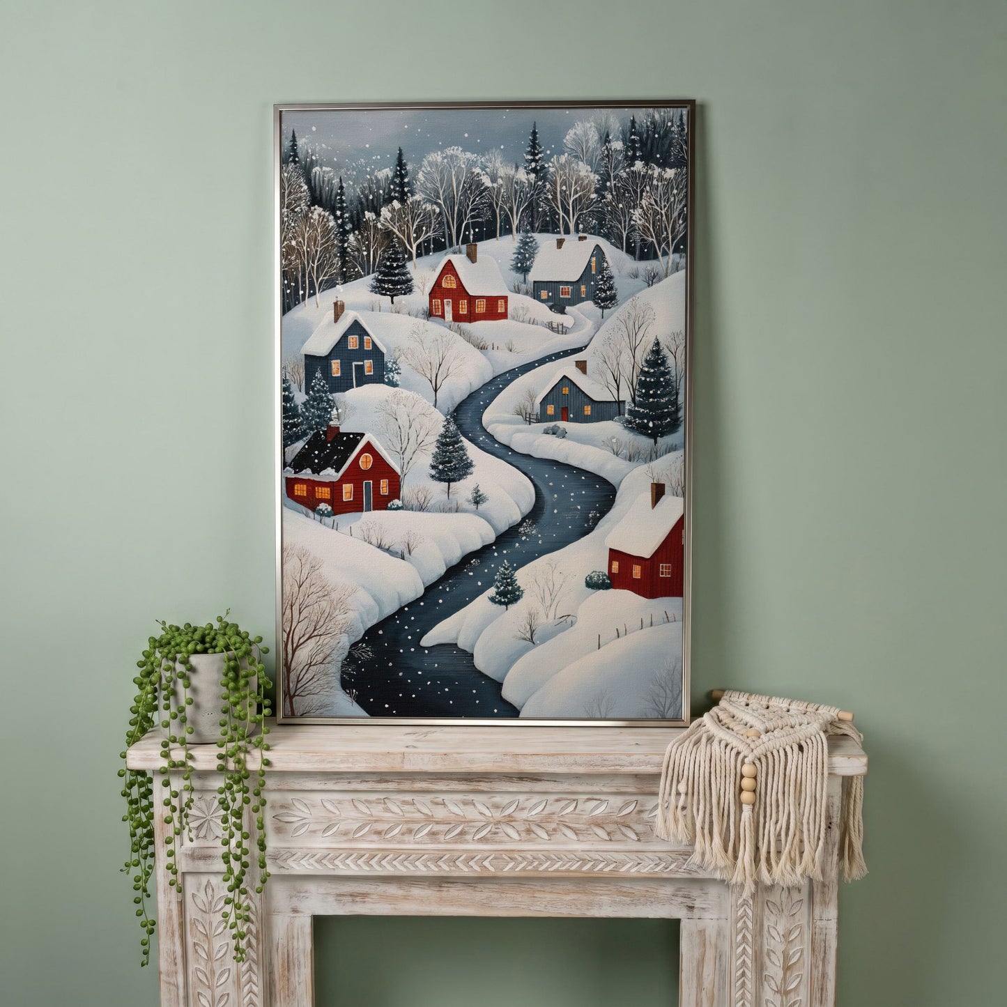 Cozy Winter Village Scene Canvas Print in silver floating frame