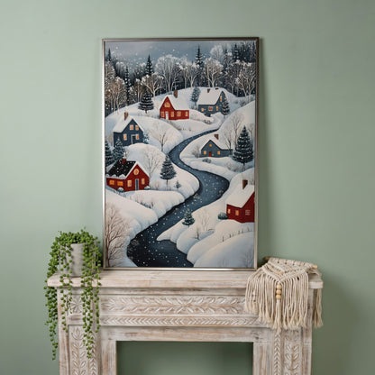 Cozy Winter Village Scene Canvas Print in silver floating frame