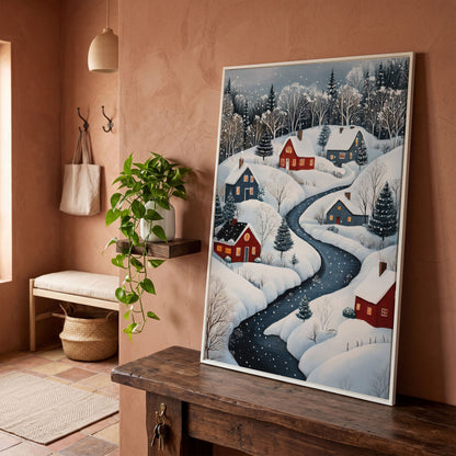 Cozy Winter Village Scene Canvas Print in white floating frame