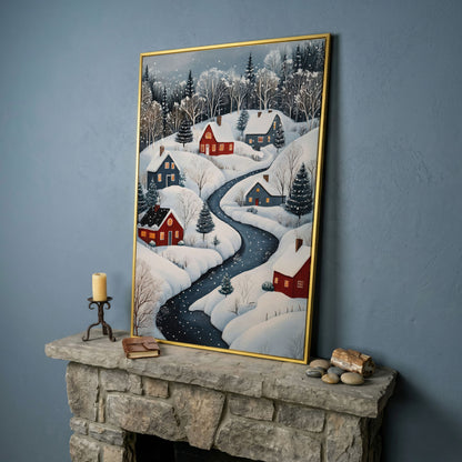 Cozy Winter Village Scene Canvas Print in yellow gold floating frame