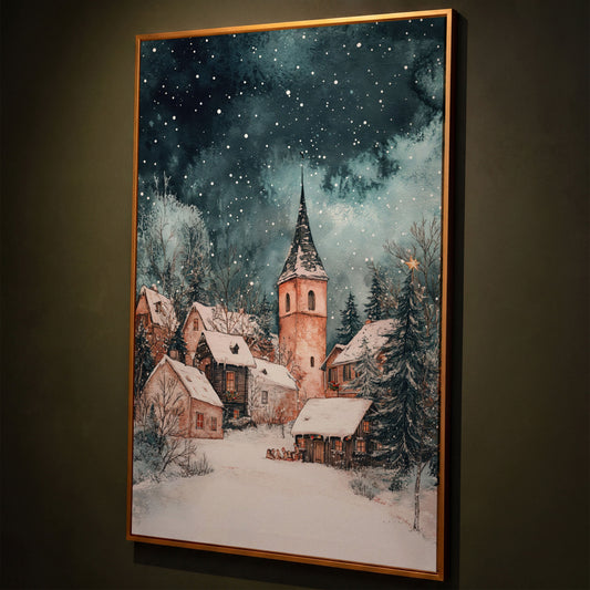 Snowy Village Night Scene Canvas Print shown in antique gold floating frame