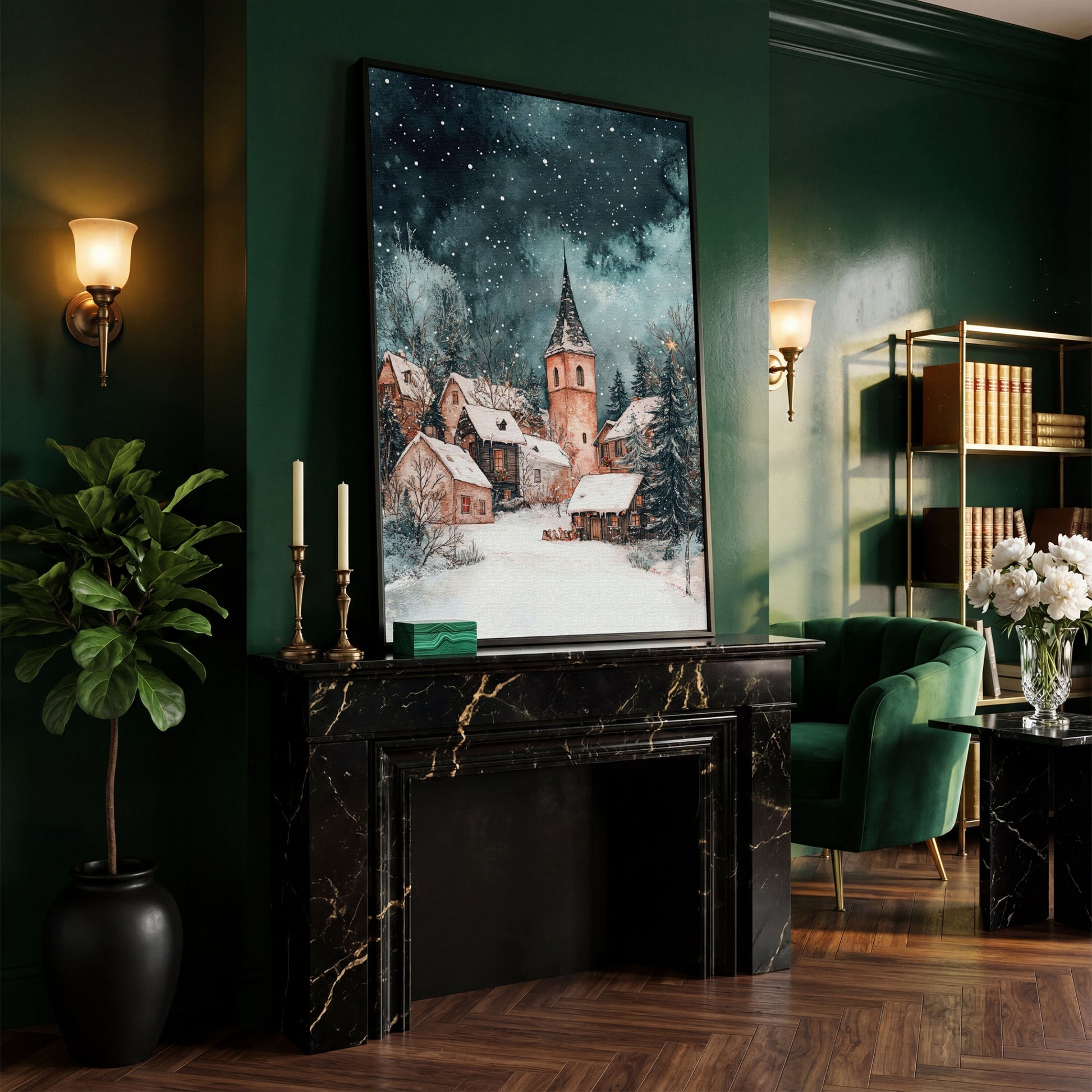 Snowy Village Night Scene Canvas Print in black floating frame