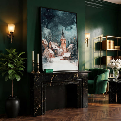 Snowy Village Night Scene Canvas Print in black floating frame