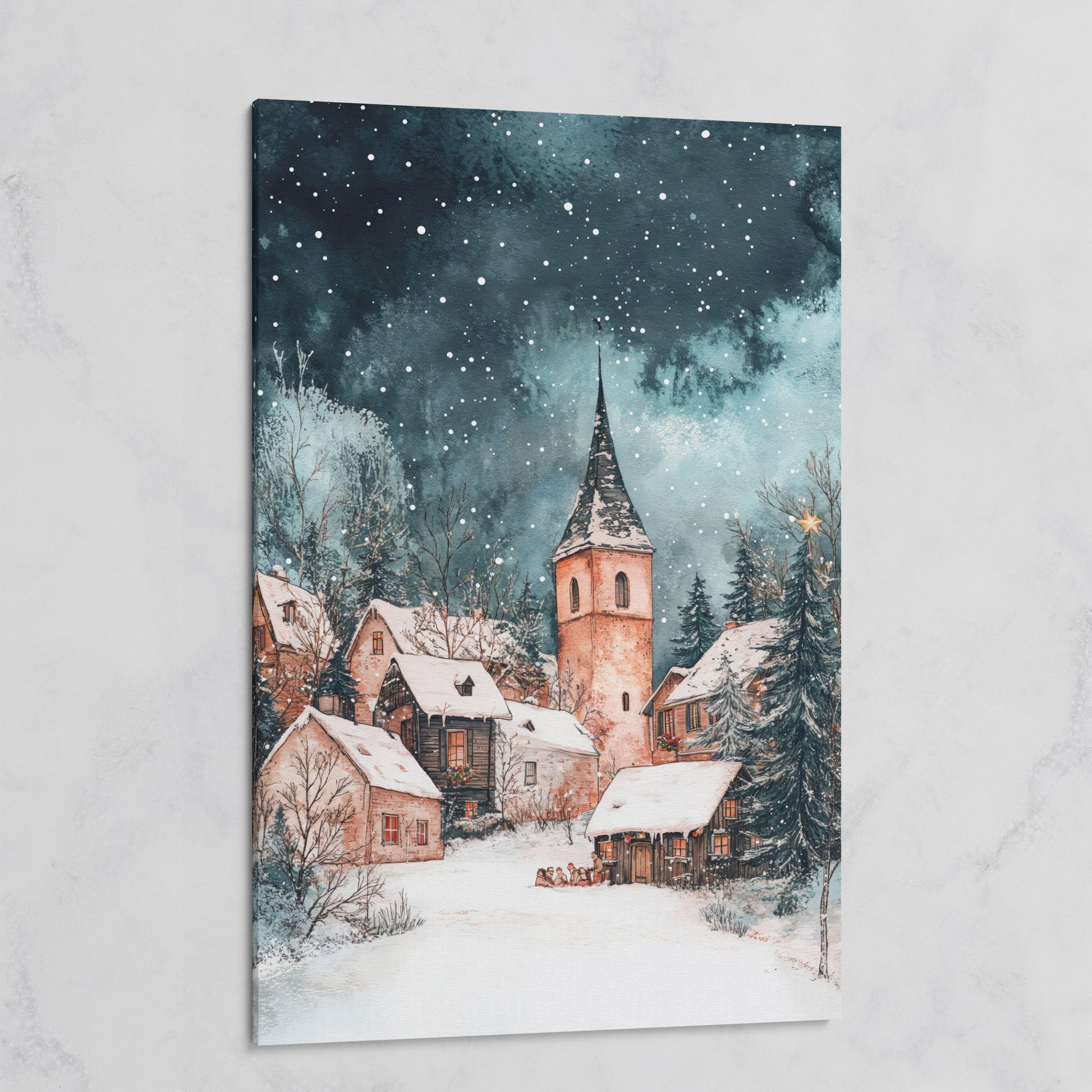 Snowy Village Night Scene Canvas Print on gallery wrap