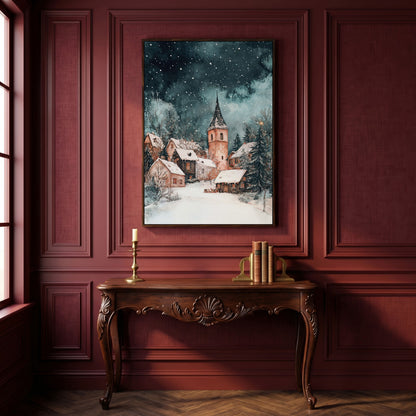 Snowy Village Night Scene Canvas Print in dark walnut floating frame