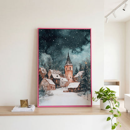 Snowy Village Night Scene Canvas Print in pink floating frame
