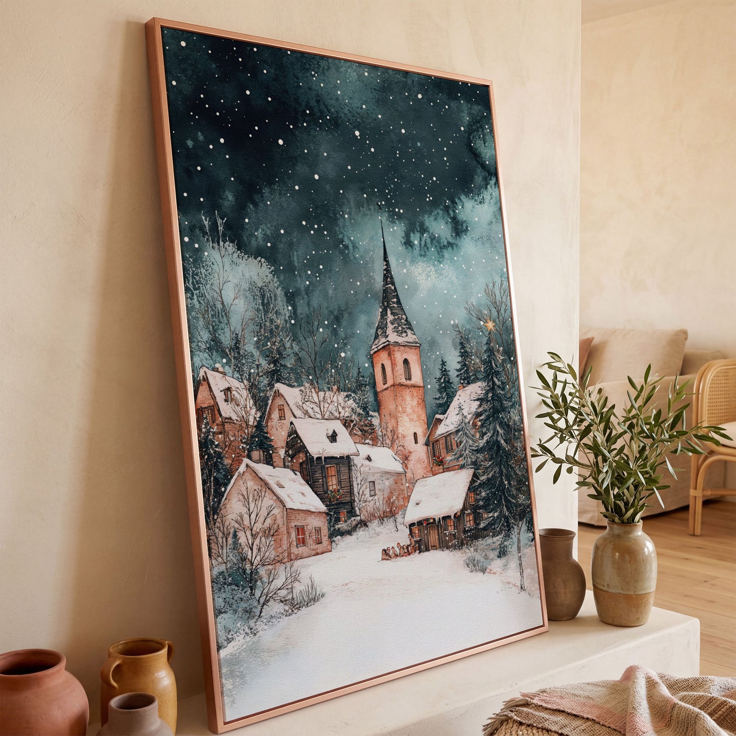 Snowy Village Night Scene Canvas Print in rose gold floating frame