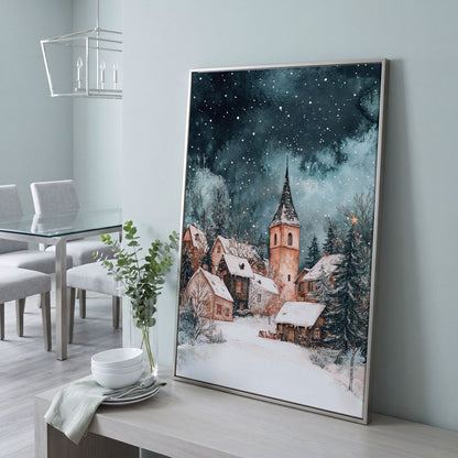 Snowy Village Night Scene Canvas Print in silver floating frame