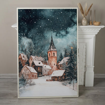 Snowy Village Night Scene Canvas Print in white floating frame