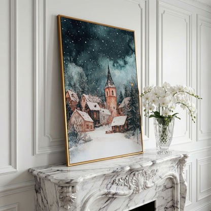 Snowy Village Night Scene Canvas Print in yellow gold floating frame