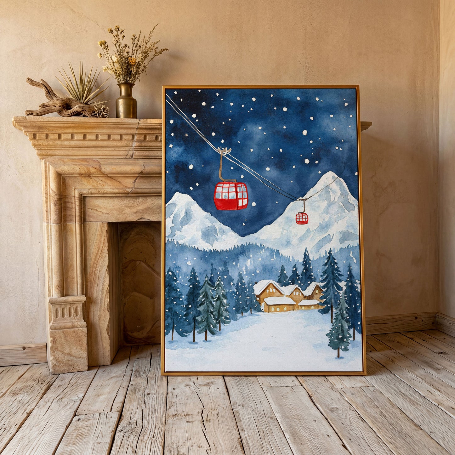 Snowy Mountain with Red Cable Cars Canvas in antique gold floating frame
