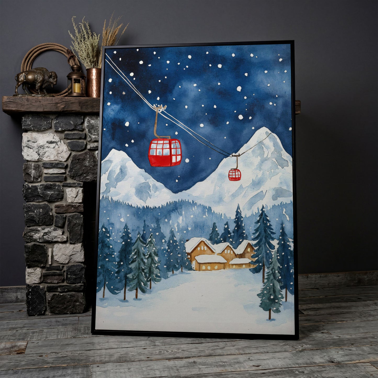 Snowy Mountain with Red Cable Cars Canvas in black floating frame