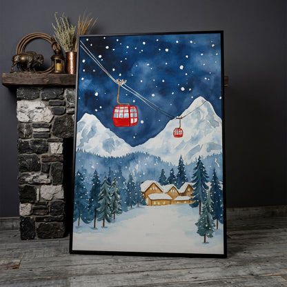 Snowy Mountain with Red Cable Cars Canvas in black floating frame