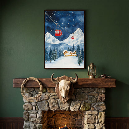 Snowy Mountain with Red Cable Cars Canvas in dark walnut floating frame