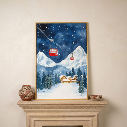 Snowy Mountain with Red Cable Cars Canvas in white oak floating frame