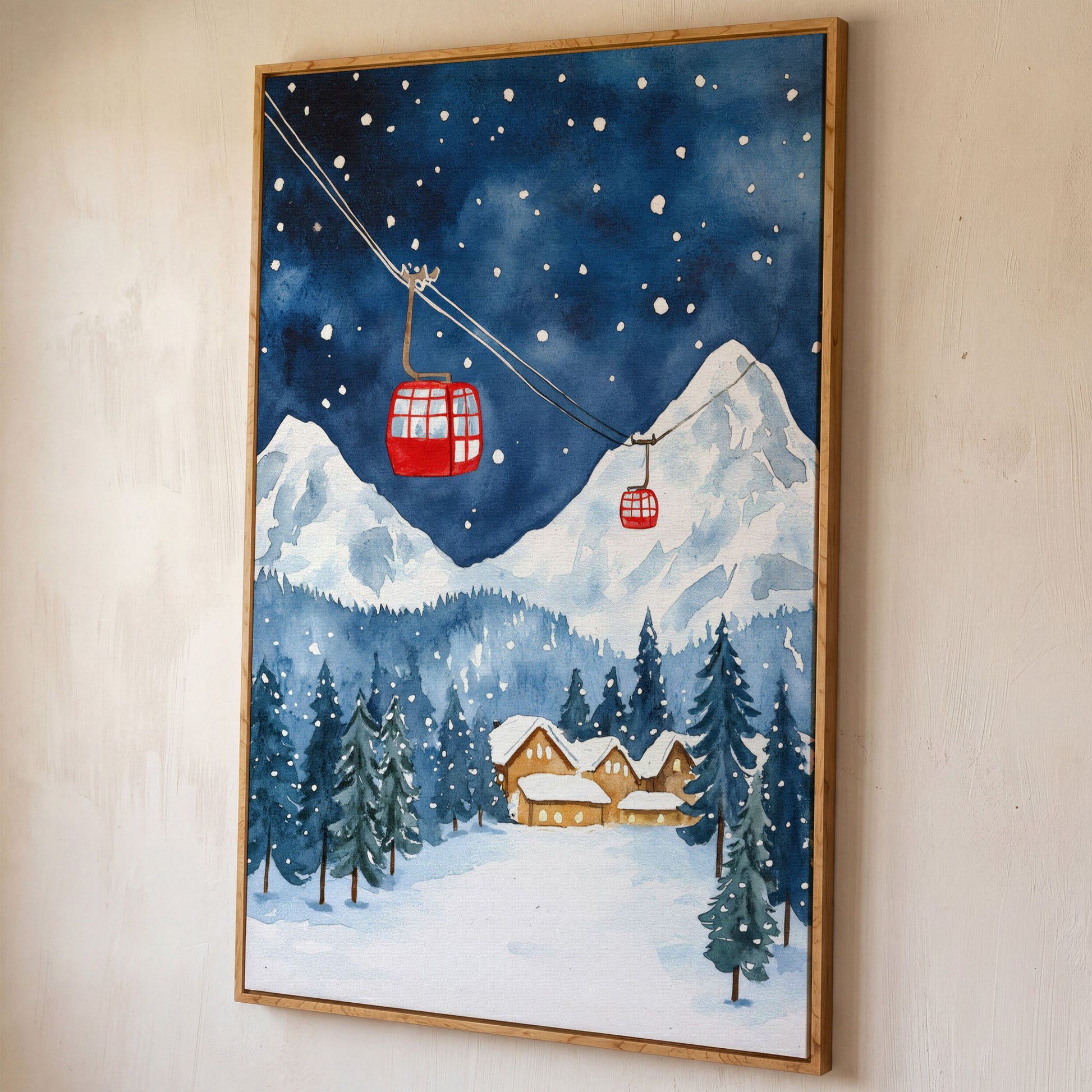 Snowy Mountain with Red Cable Cars Canvas shown in white oak floating frame