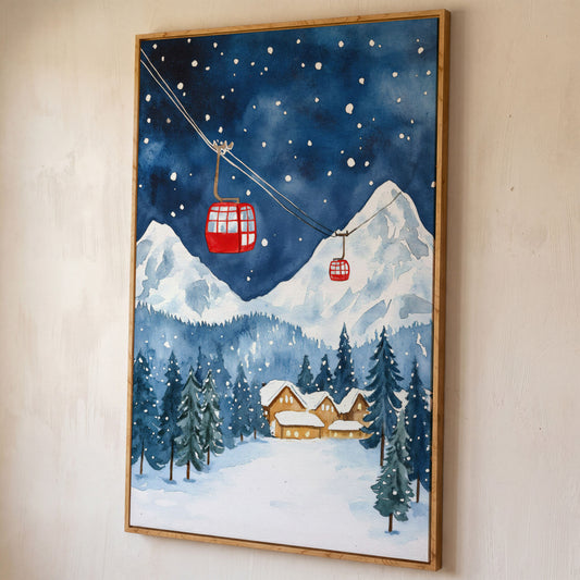 Snowy Mountain with Red Cable Cars Canvas shown in white oak floating frame