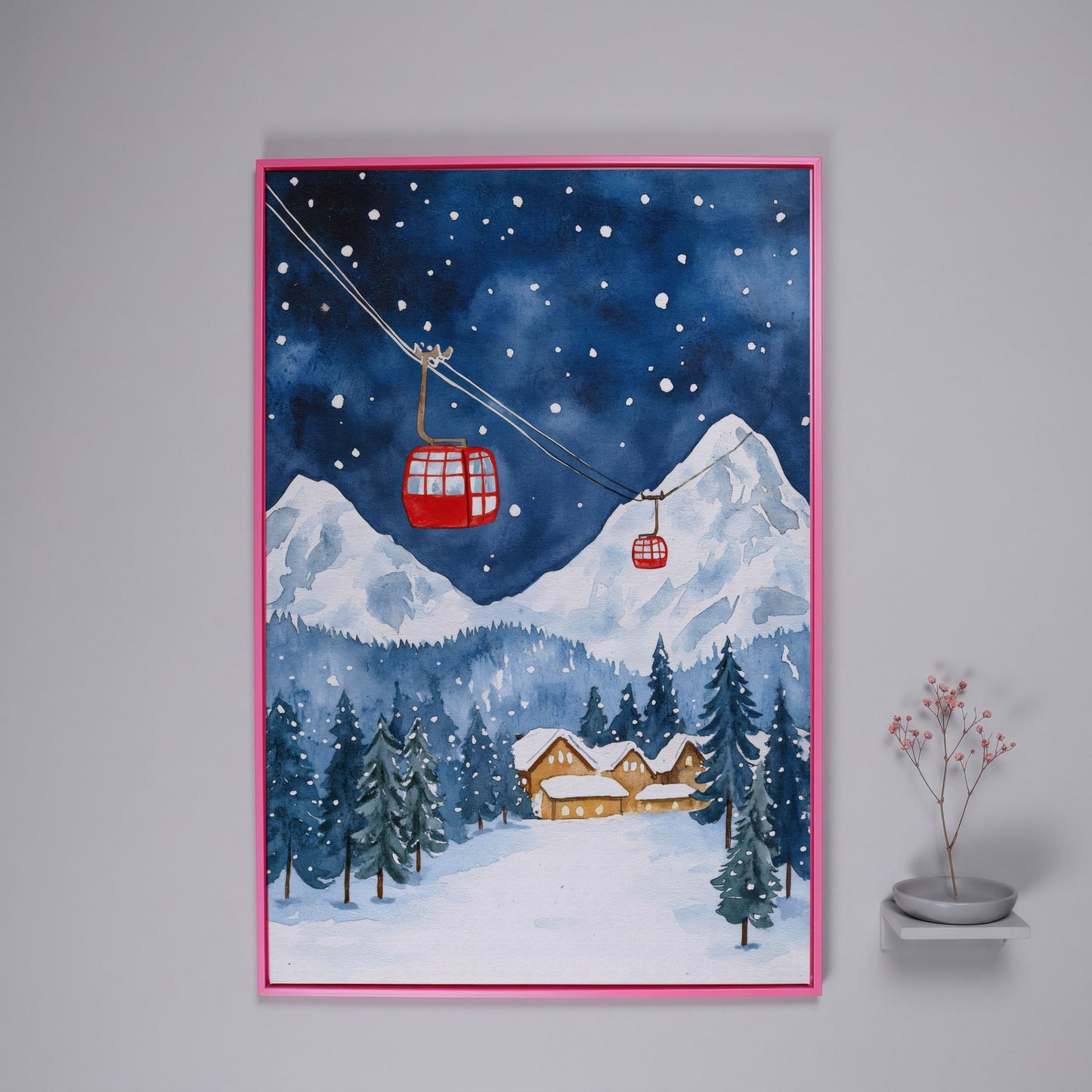 Snowy Mountain with Red Cable Cars Canvas in pink floating frame