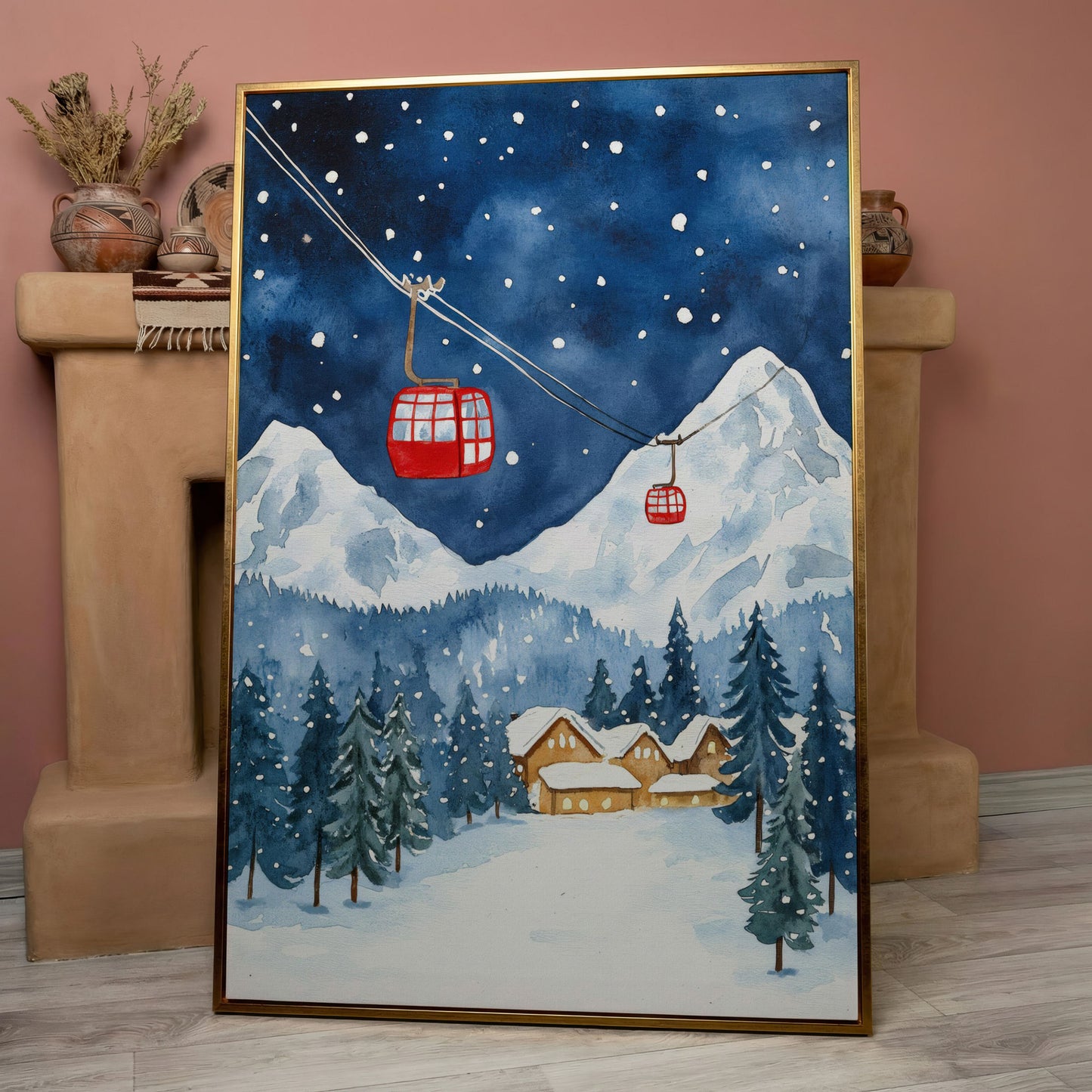 Snowy Mountain with Red Cable Cars Canvas in rose gold floating frame