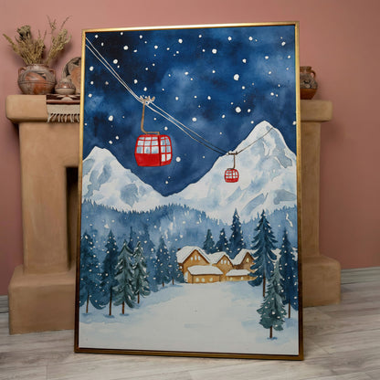 Snowy Mountain with Red Cable Cars Canvas in rose gold floating frame
