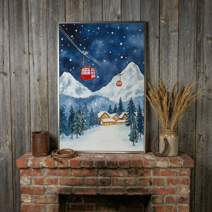 Snowy Mountain with Red Cable Cars Canvas in silver floating frame
