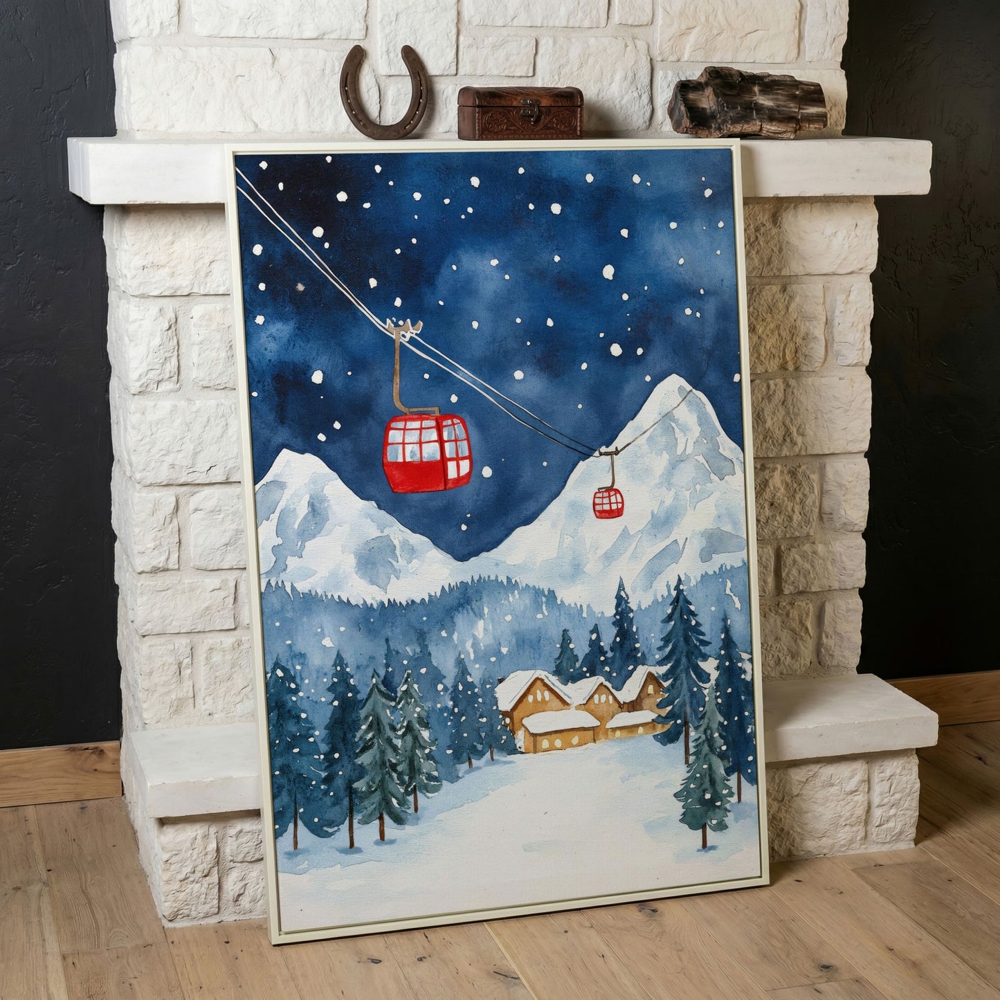 Snowy Mountain with Red Cable Cars Canvas in white floating frame