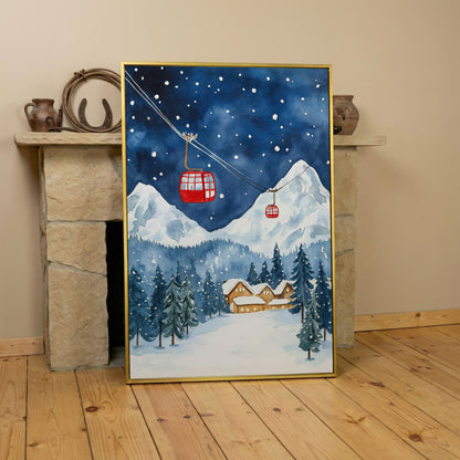 Snowy Mountain with Red Cable Cars Canvas in yellow gold floating frame