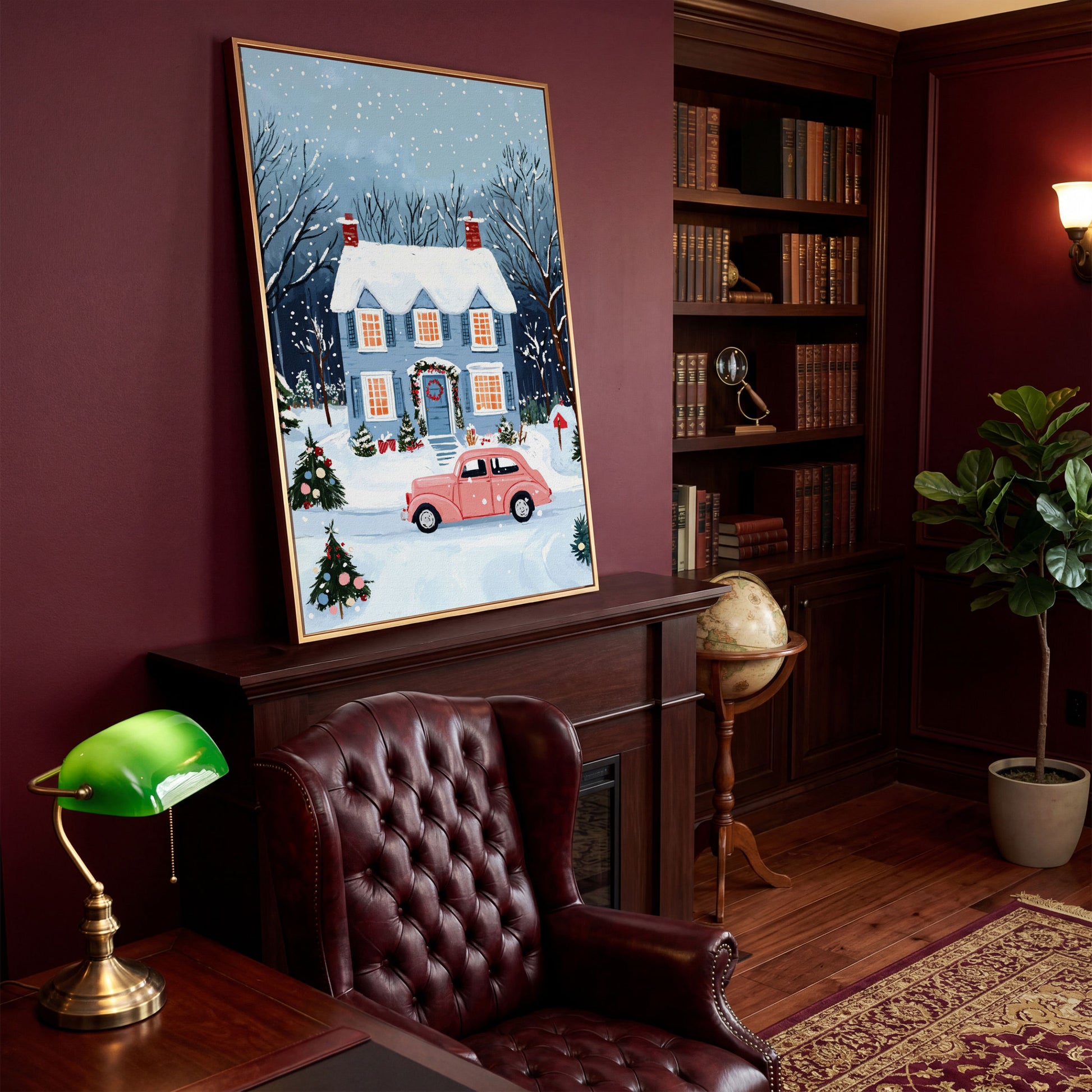Christmas Blue Cottage with Vintage Pink Car Canvas in antique gold floating frame