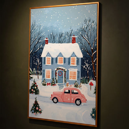 Christmas Blue Cottage with Vintage Pink Car Canvas shown in antique gold floating frame