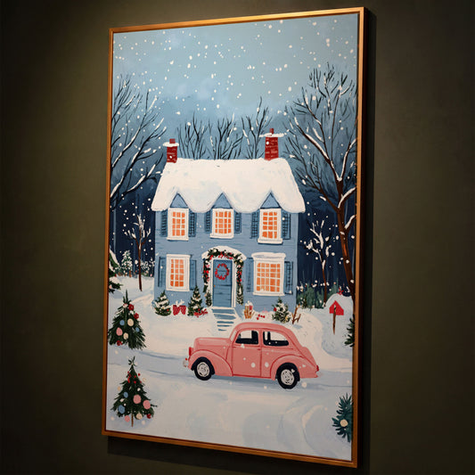Christmas Blue Cottage with Vintage Pink Car Canvas shown in antique gold floating frame