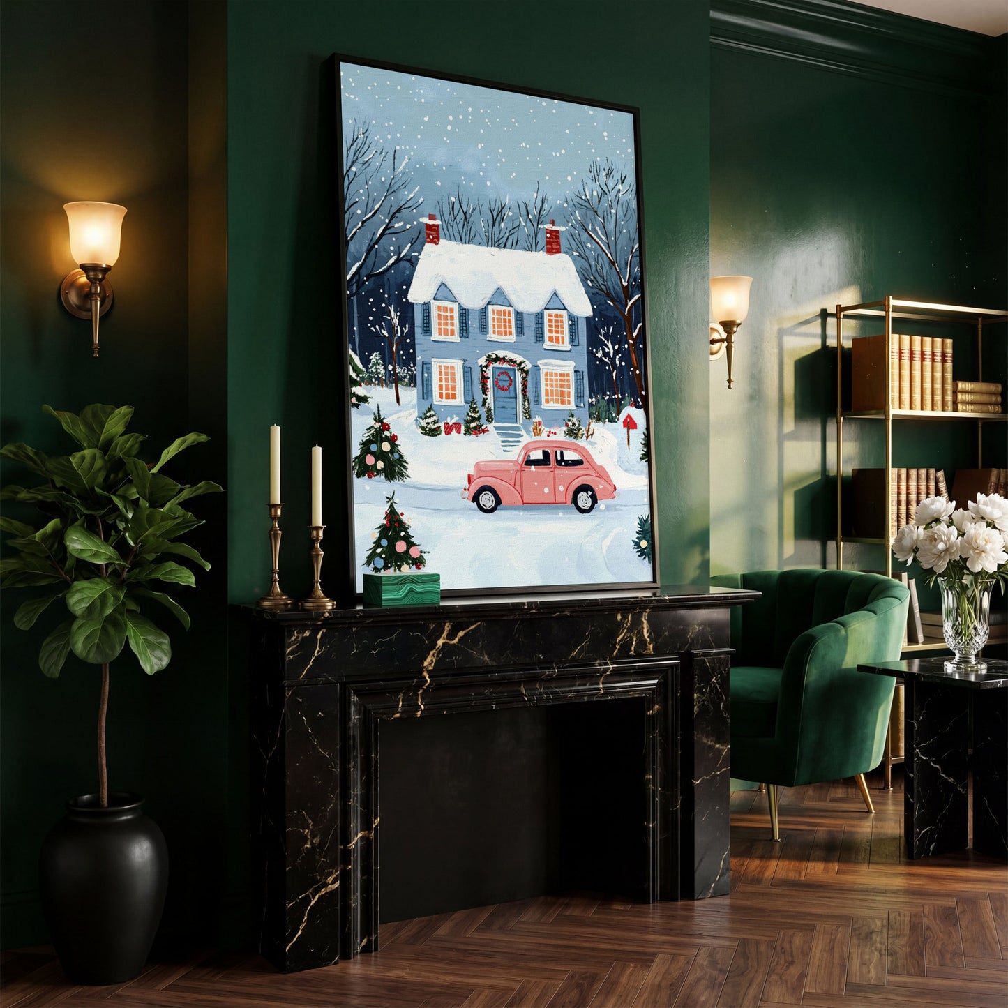Christmas Blue Cottage with Vintage Pink Car Canvas in black floating frame