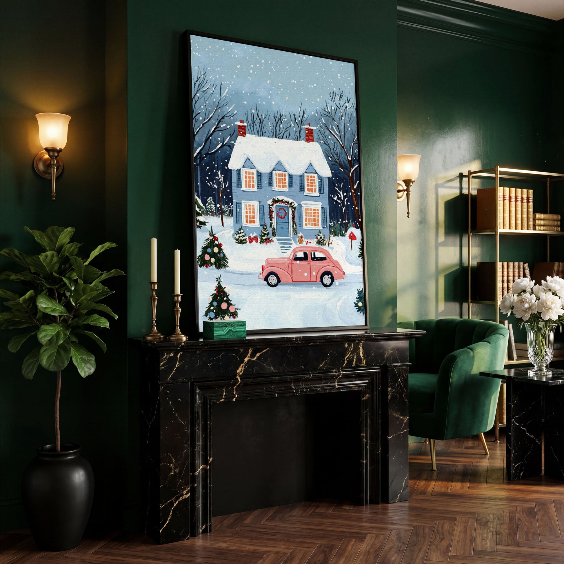 Christmas Blue Cottage with Vintage Pink Car Canvas in black floating frame